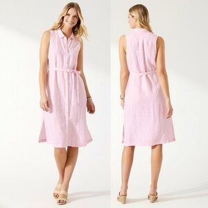 Tommy Bahama Ventana Plaid Linen Sleeveless Resort Shirt Dress in Bikini Pink XS